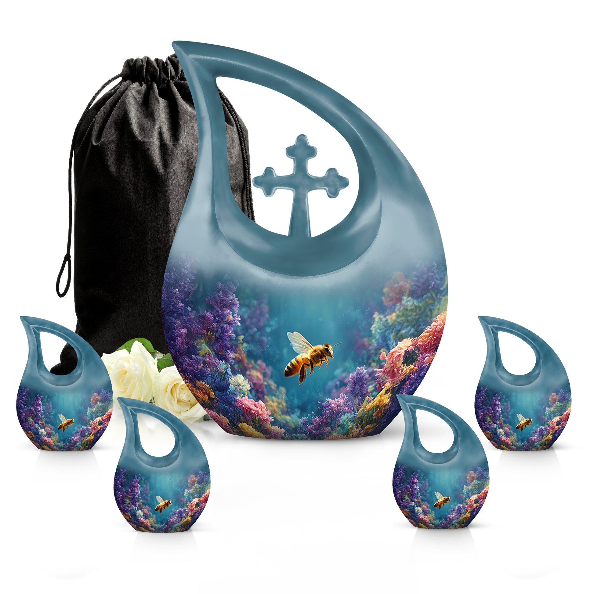 Deep Teal Bee Cremation Urn urn with complimentary velvet bag - faith-inspired cross-drop urn with bee pattern - memorial set with one large and four small urns
