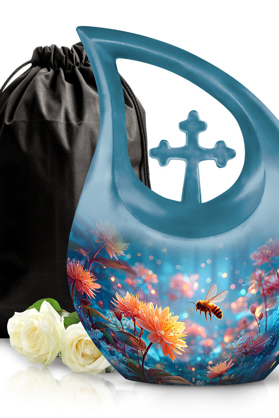 Powder Blue Bee Cremation Urn top-down view of secure threaded lid - cross and bee combined in spiritual memorial design - full-size 10 inch 200 cubic inch adult cremation urn