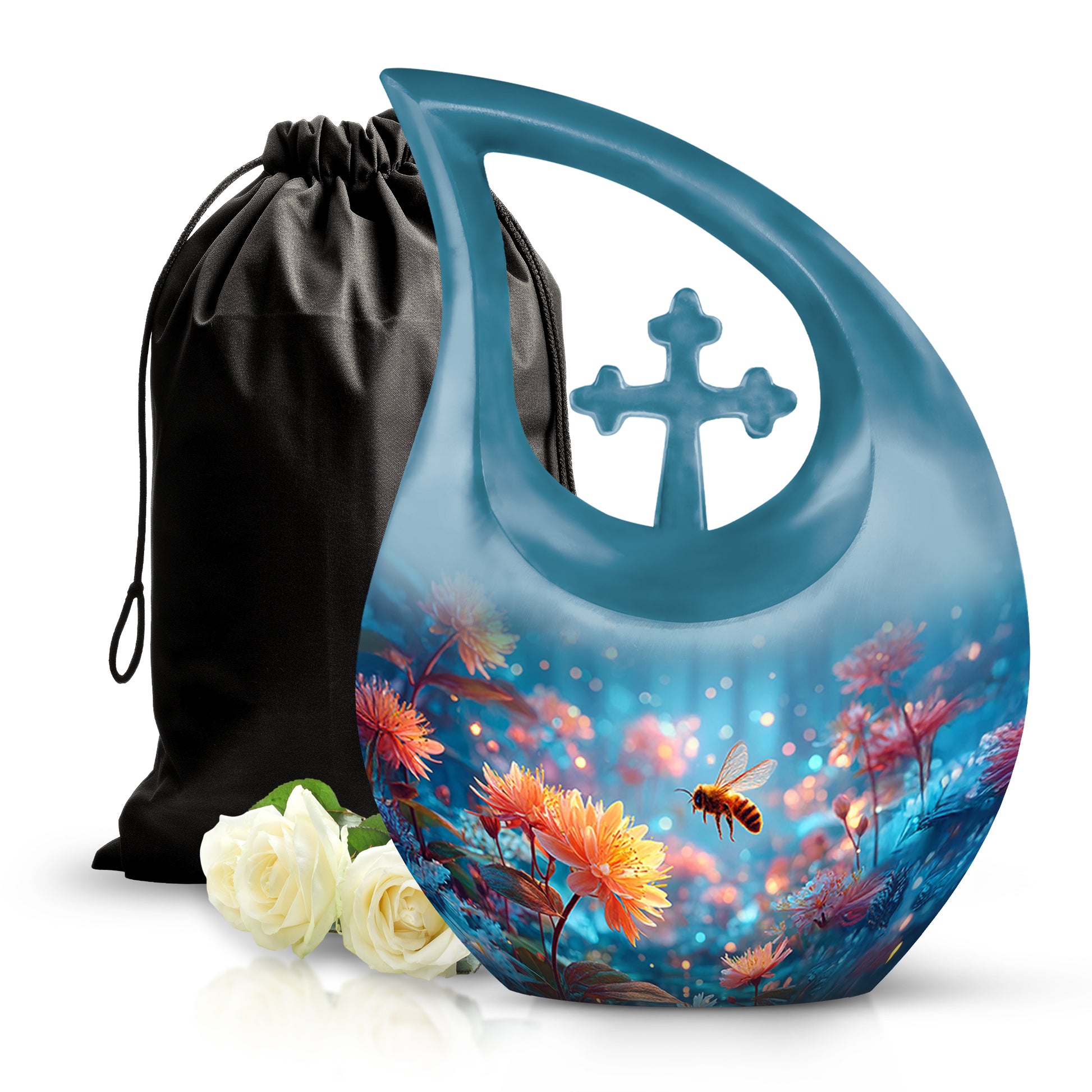 Powder Blue Bee Cremation Urn top-down view of secure threaded lid - cross and bee combined in spiritual memorial design - full-size 10 inch 200 cubic inch adult cremation urn