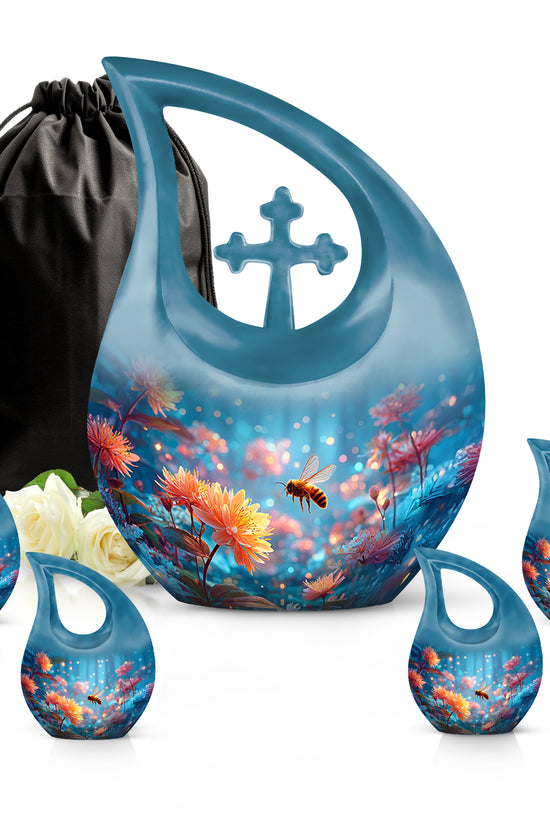 Sky Blue Bee Cremation Urn urn with complimentary velvet bag - sacred cross merged with bee motif on metal - memorial set with one large and four small urns