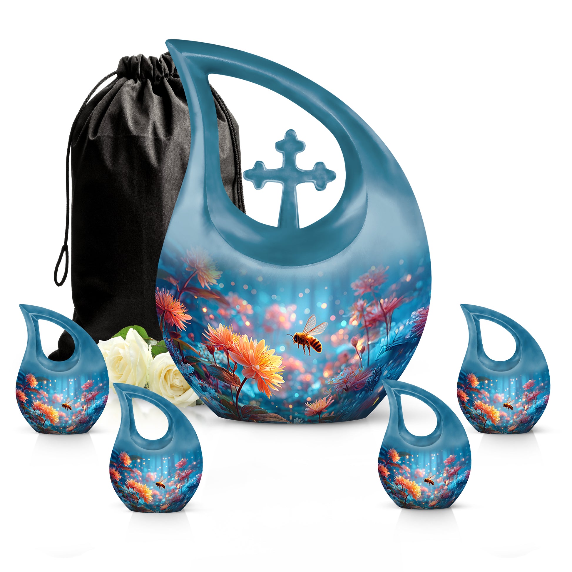 Sky Blue Bee Cremation Urn urn with complimentary velvet bag - sacred cross merged with bee motif on metal - memorial set with one large and four small urns