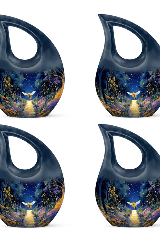Indigo Bee Cremation Urn lifestyle display on memorial shelf - sacred cross merged with bee motif on metal - 10 inch aluminum urn for cremated remains