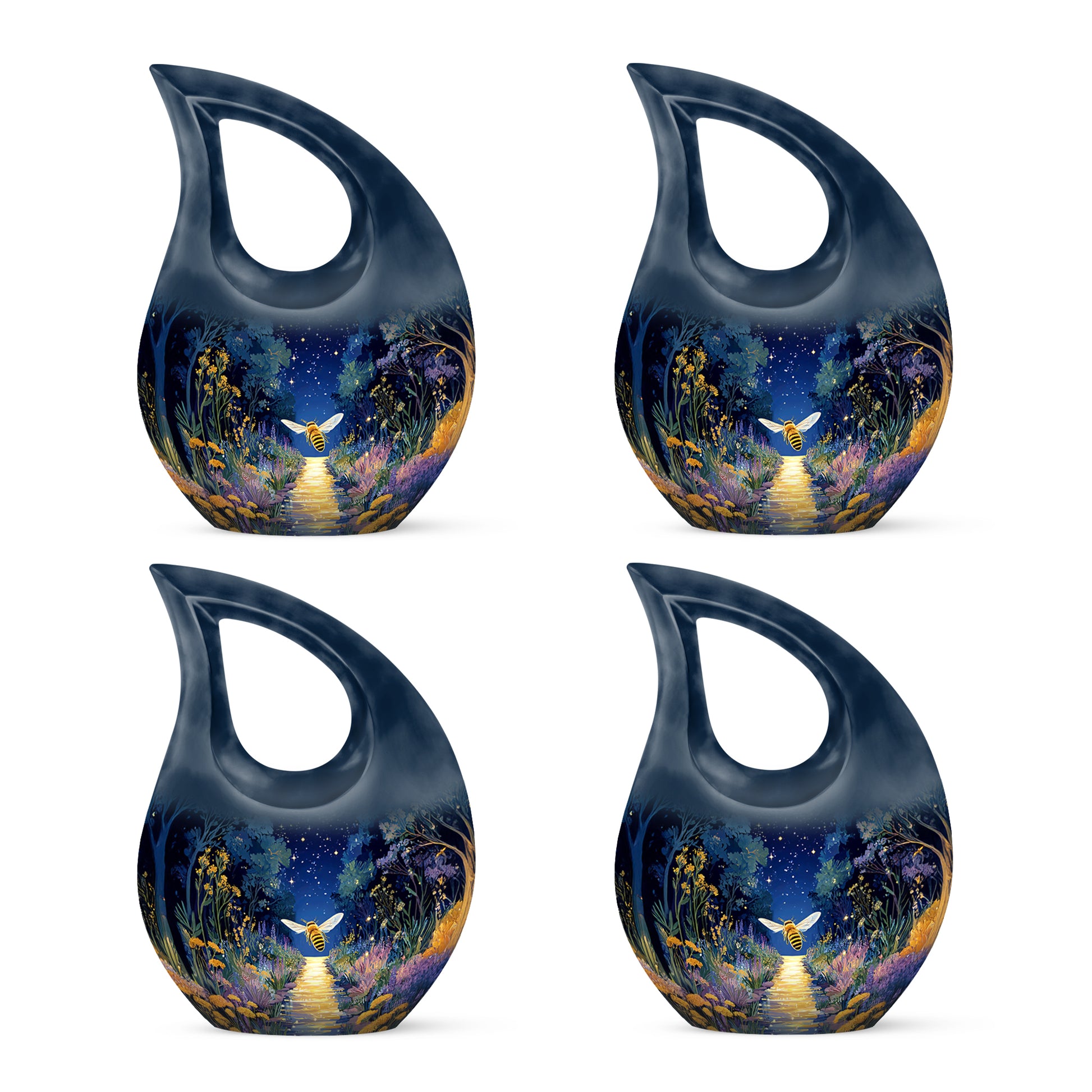 Indigo Bee Cremation Urn lifestyle display on memorial shelf - sacred cross merged with bee motif on metal - 10 inch aluminum urn for cremated remains