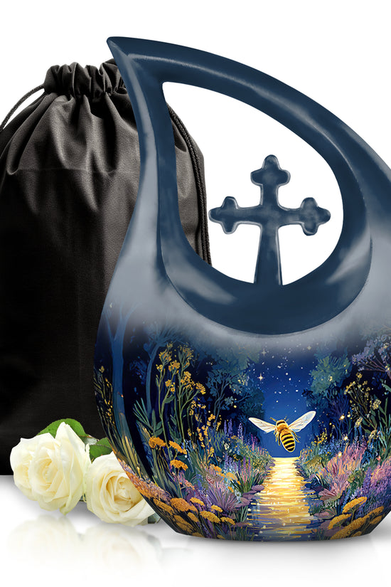 Navy Blue Bee Cremation Urn top-down view of secure threaded lid - sacred cross merged with bee motif on metal - full-size 10 inch 200 cubic inch adult cremation urn