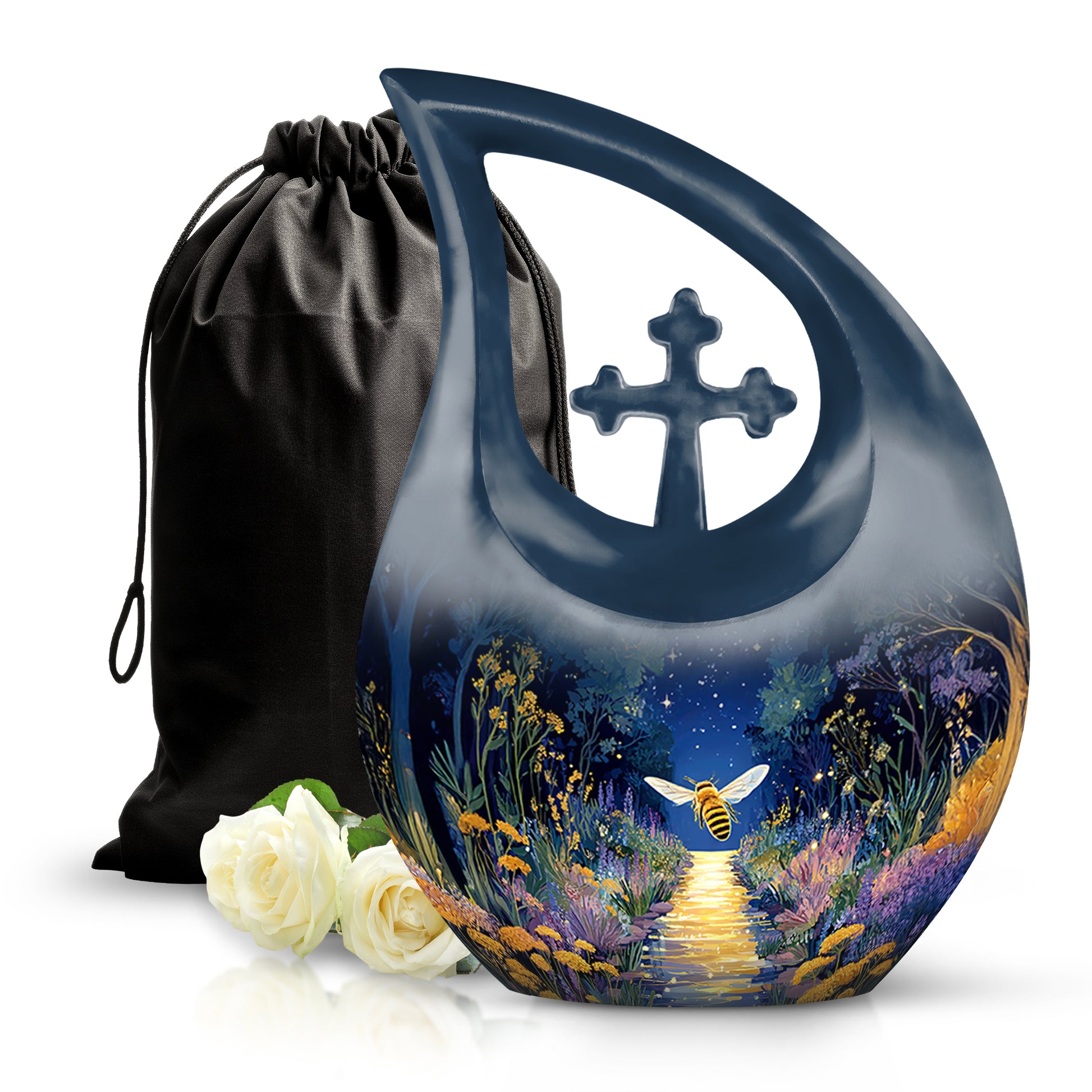 Navy Blue Bee Cremation Urn top-down view of secure threaded lid - sacred cross merged with bee motif on metal - full-size 10 inch 200 cubic inch adult cremation urn