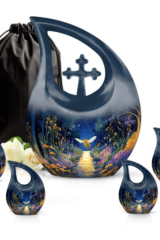 Serene Blue Bee Cremation Urn urn with complimentary velvet bag - devotional cross-drop bee engraving - memorial set with one large and four small urns