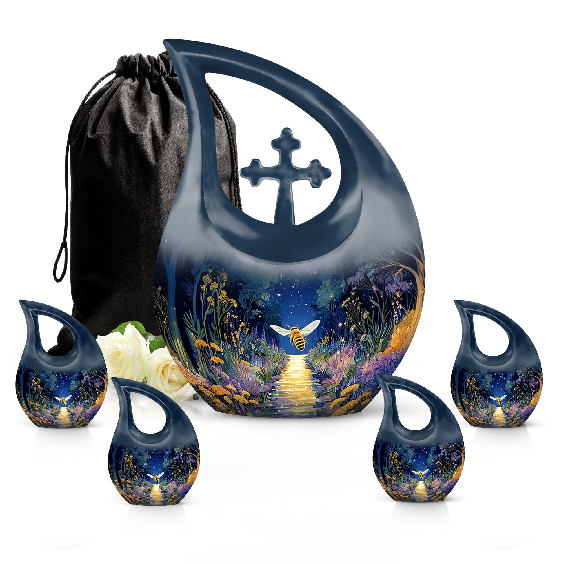 Serene Blue Bee Cremation Urn urn with complimentary velvet bag - devotional cross-drop bee engraving - memorial set with one large and four small urns