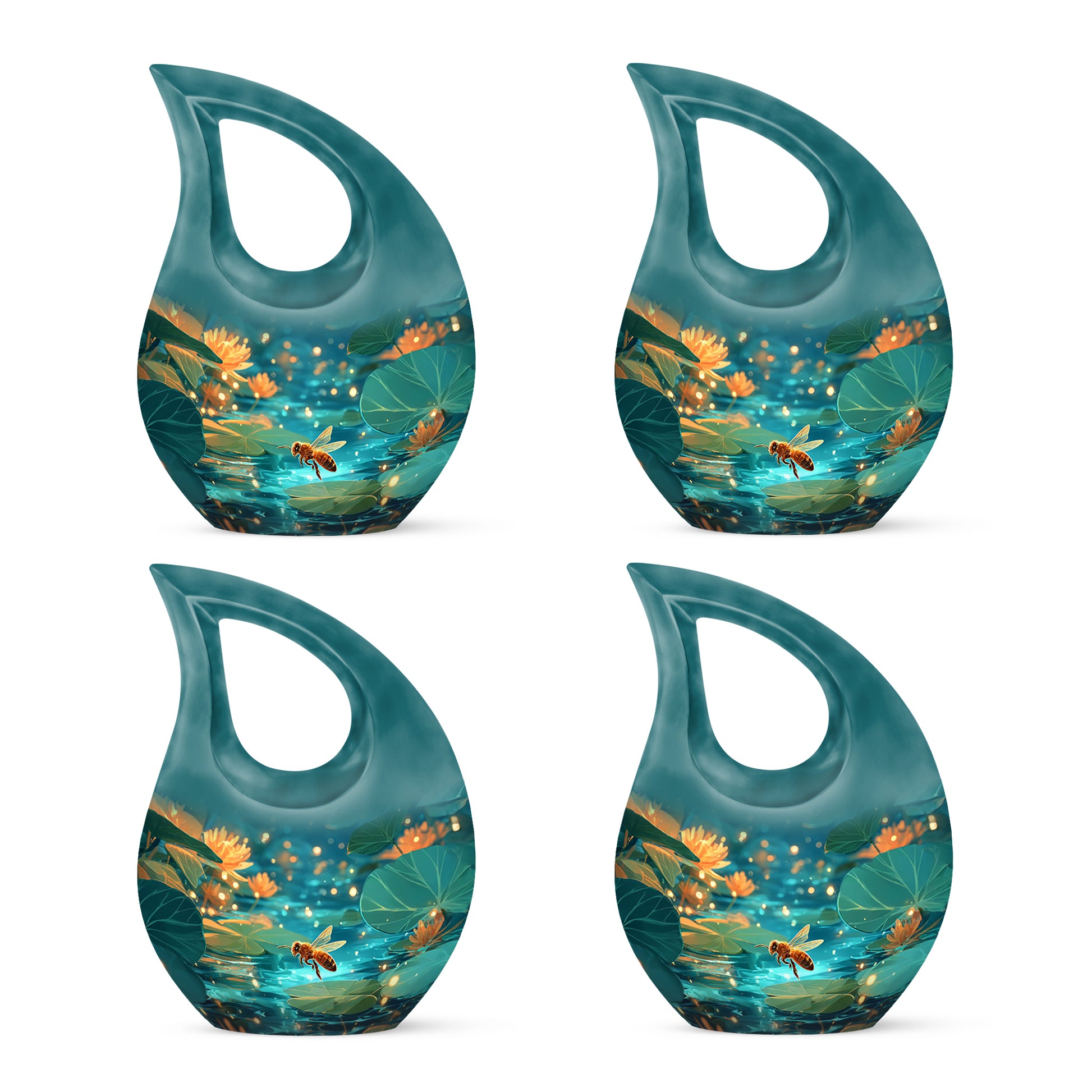Sea Green Teal Bee Cremation Urn lifestyle display on memorial shelf - sacred cross merged with bee motif on metal - 10 inch aluminum urn for cremated remains