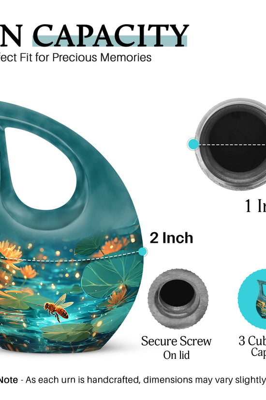 Tropical Teal Bee Cremation Urn back view with polished surface - faith-inspired cross-drop urn with bee pattern - mini keepsake memorial for portion of cremation ashes