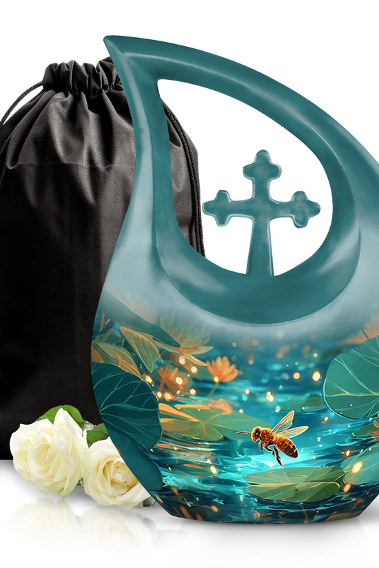 Soft Teal Bee Cremation Urn top-down view of secure threaded lid - cross and bee combined in spiritual memorial design - full-size 10 inch 200 cubic inch adult cremation urn