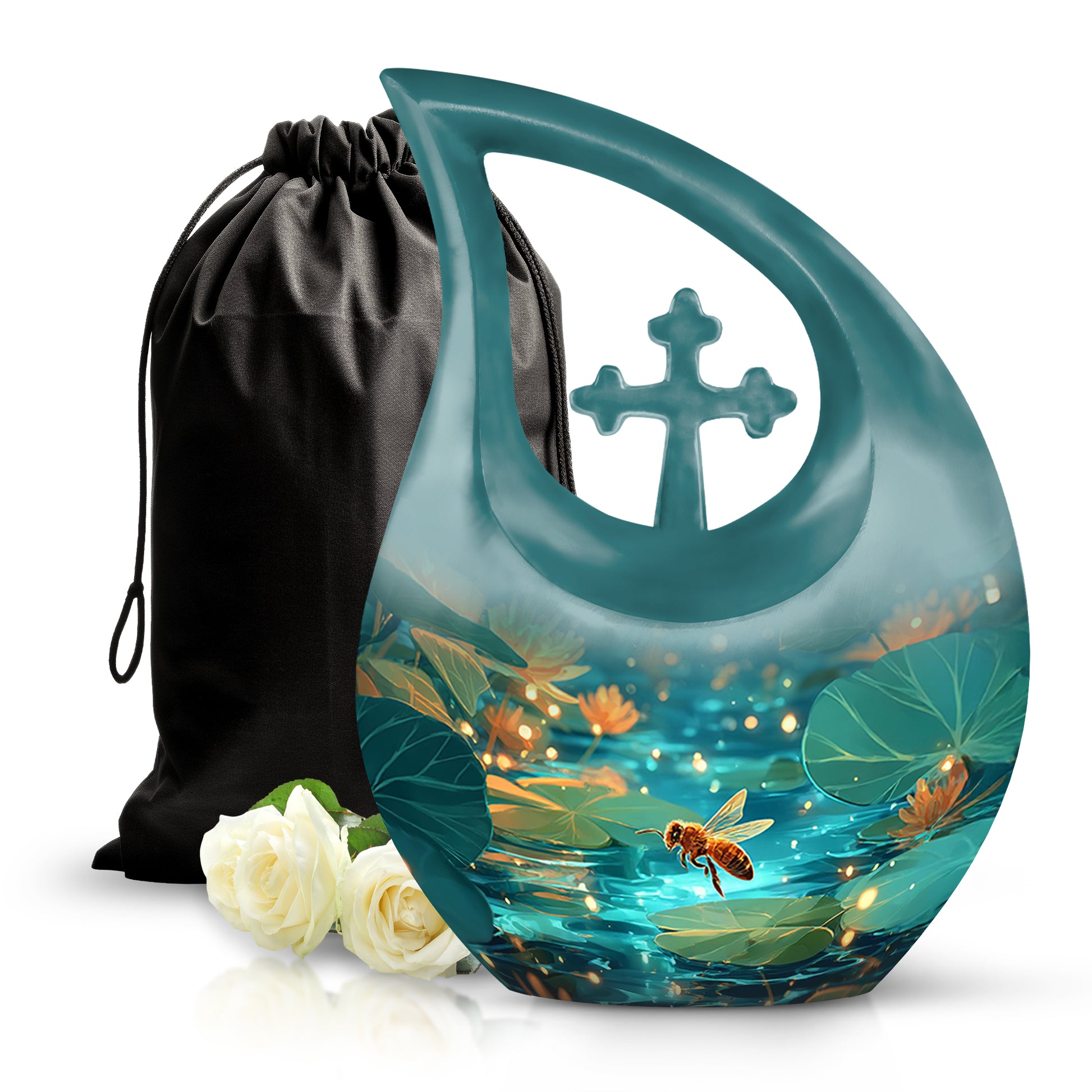 Soft Teal Bee Cremation Urn top-down view of secure threaded lid - cross and bee combined in spiritual memorial design - full-size 10 inch 200 cubic inch adult cremation urn