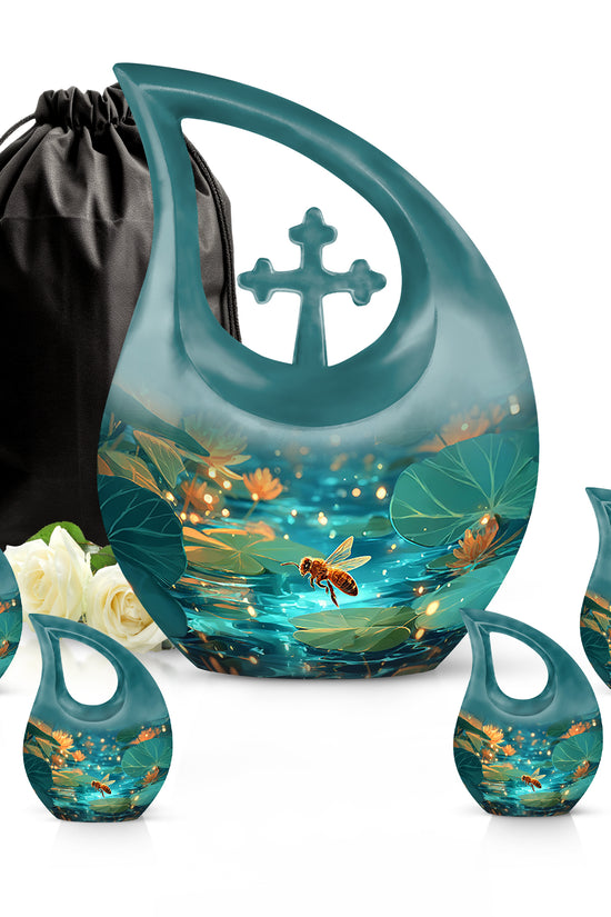 Sea Green Teal Bee Cremation Urn urn with complimentary velvet bag - sacred cross merged with bee motif on metal - memorial set with one large and four small urns