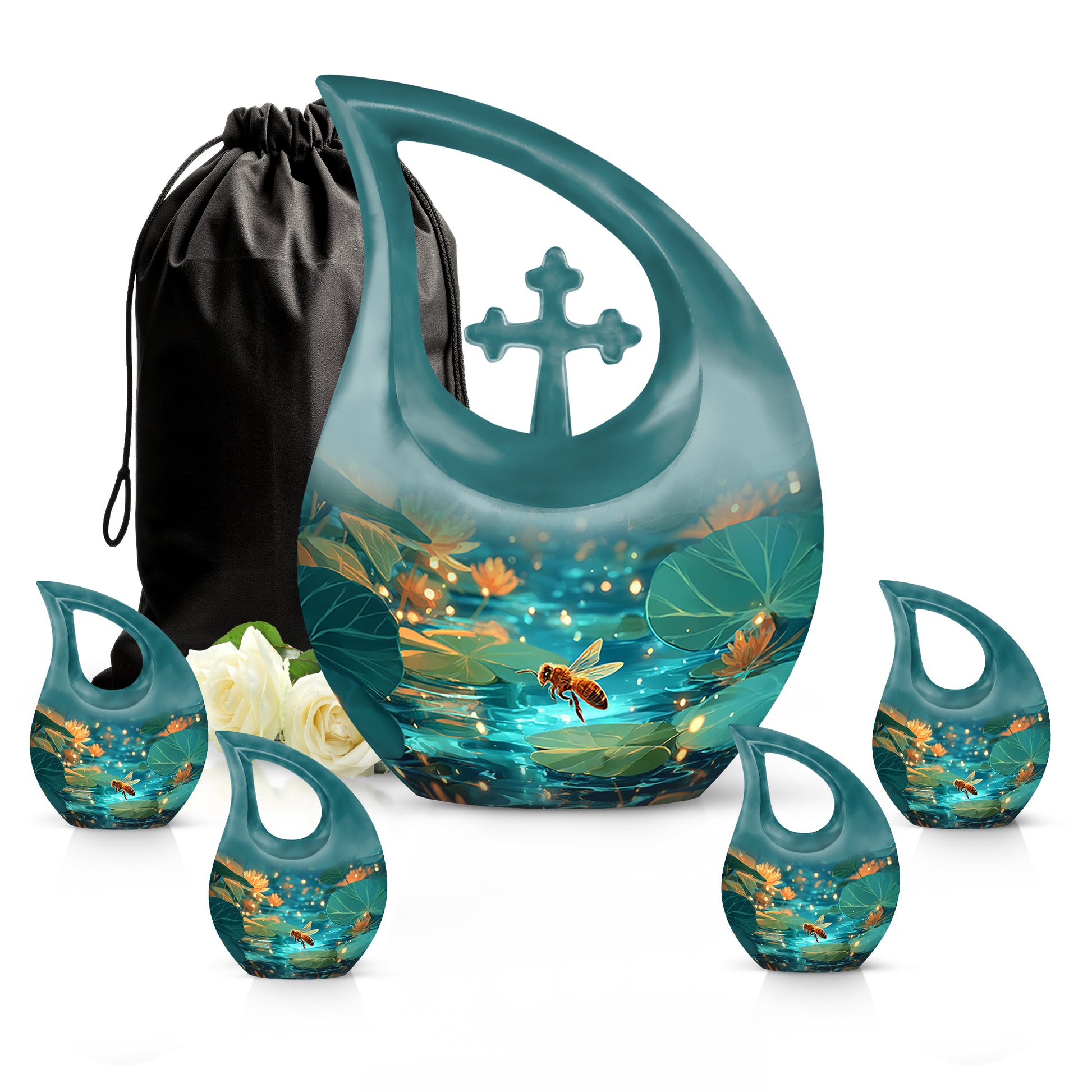 Sea Green Teal Bee Cremation Urn urn with complimentary velvet bag - sacred cross merged with bee motif on metal - memorial set with one large and four small urns
