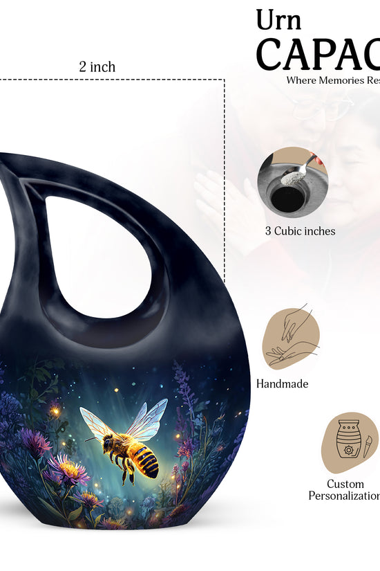 Slate Blue Bee Cremation Urn back view with polished surface - sacred cross merged with bee motif on metal - mini keepsake memorial for portion of cremation ashes