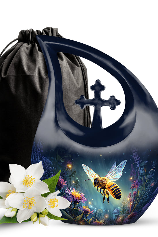Soft Blue Bee Cremation Urn top-down view of secure threaded lid - faith-inspired cross-drop urn with bee pattern - full-size 10 inch 200 cubic inch adult cremation urn