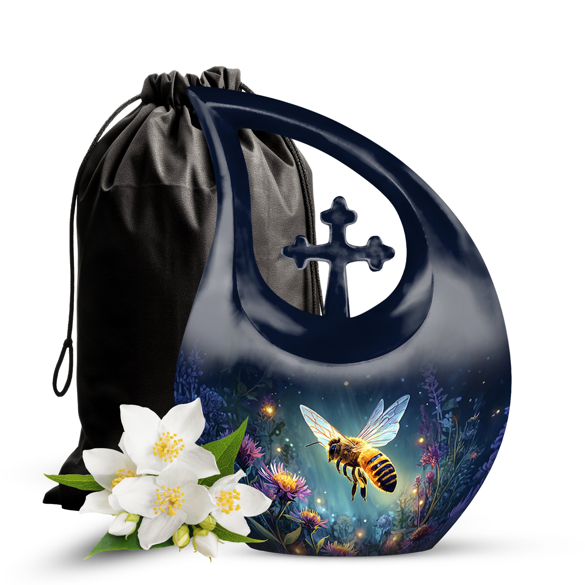 Soft Blue Bee Cremation Urn top-down view of secure threaded lid - faith-inspired cross-drop urn with bee pattern - full-size 10 inch 200 cubic inch adult cremation urn
