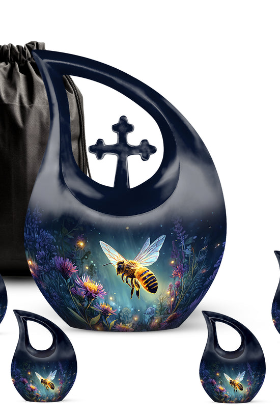 Cobalt Blue Bee Cremation Urn urn with complimentary velvet bag - devotional cross-drop bee engraving - memorial set with one large and four small urns