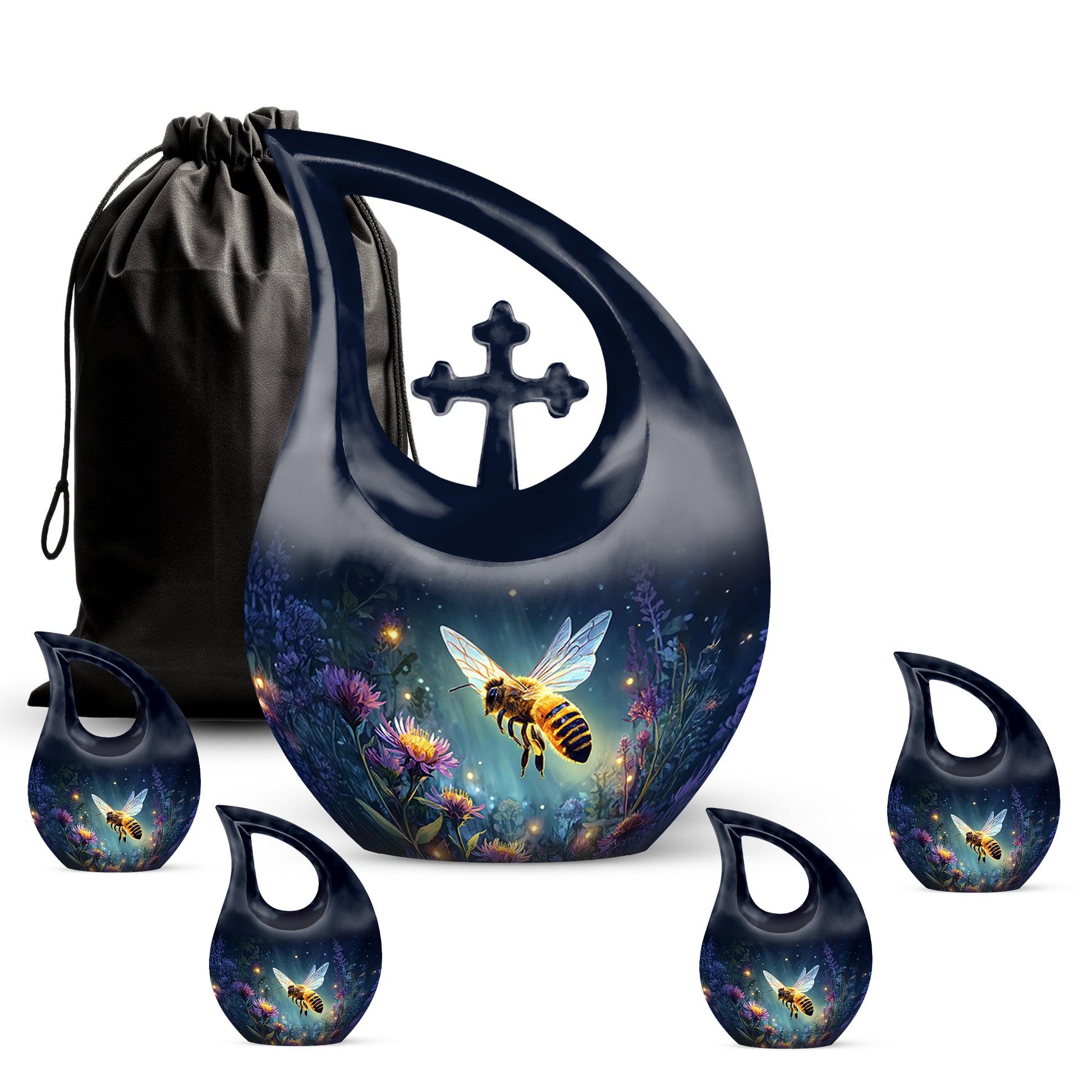 Cobalt Blue Bee Cremation Urn urn with complimentary velvet bag - devotional cross-drop bee engraving - memorial set with one large and four small urns
