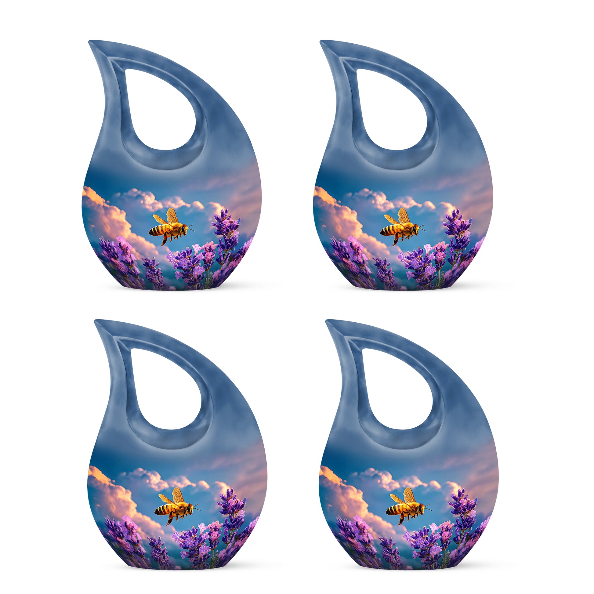 Royal Blue Bee Cremation Urn lifestyle display on memorial shelf - faith-inspired cross-drop urn with bee pattern - 10 inch aluminum urn for cremated remains