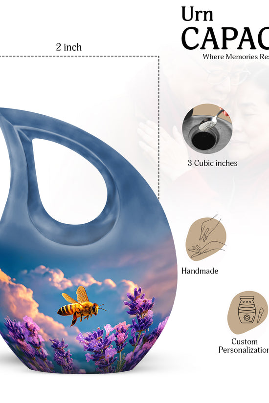 Cornflower Blue Bee Cremation Urn back view with polished surface - devotional cross-drop bee engraving - mini keepsake memorial for portion of cremation ashes