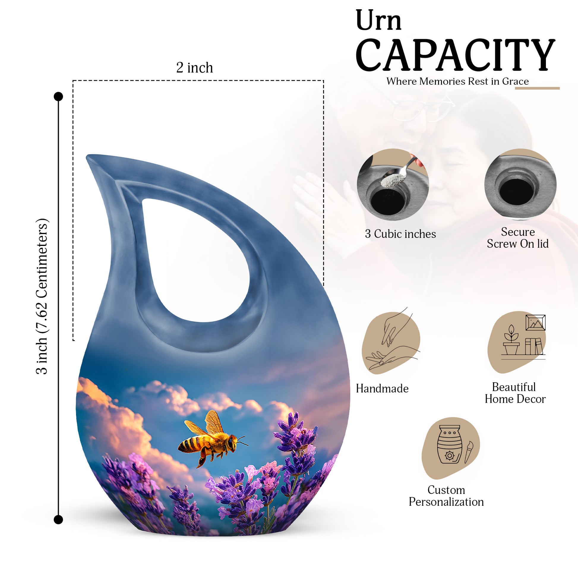 Cornflower Blue Bee Cremation Urn back view with polished surface - devotional cross-drop bee engraving - mini keepsake memorial for portion of cremation ashes