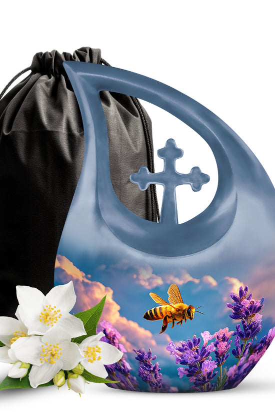 Navy Blue Bee Cremation Urn top-down view of secure threaded lid - cross and bee combined in spiritual memorial design - full-size 10 inch 200 cubic inch adult cremation urn