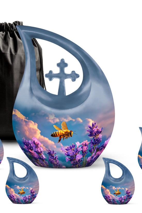 Pastel Blue Bee Cremation Urn urn with complimentary velvet bag - sacred cross merged with bee motif on metal - memorial set with one large and four small urns