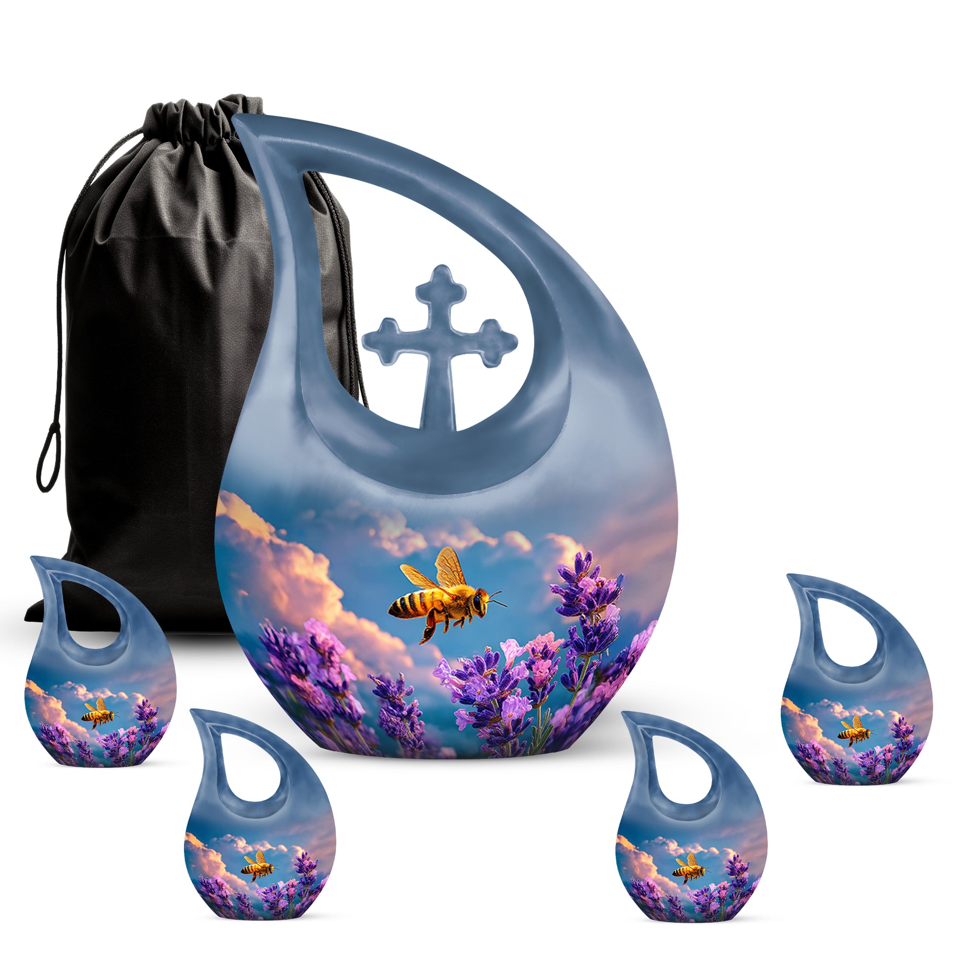 Pastel Blue Bee Cremation Urn urn with complimentary velvet bag - sacred cross merged with bee motif on metal - memorial set with one large and four small urns