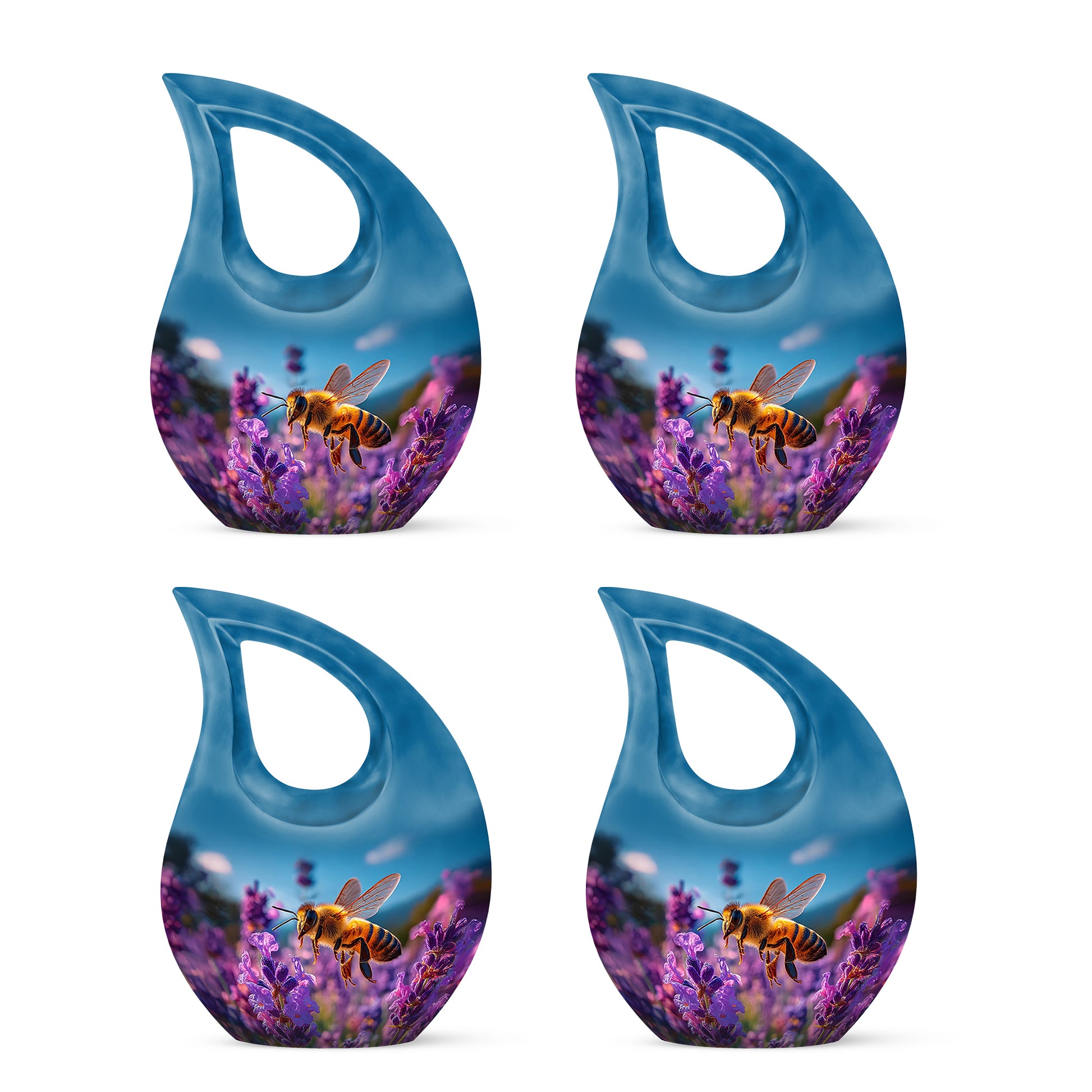 Dusty Blue Bee Cremation Urn lifestyle display on memorial shelf - cross and bee combined in spiritual memorial design - 10 inch aluminum urn for cremated remains