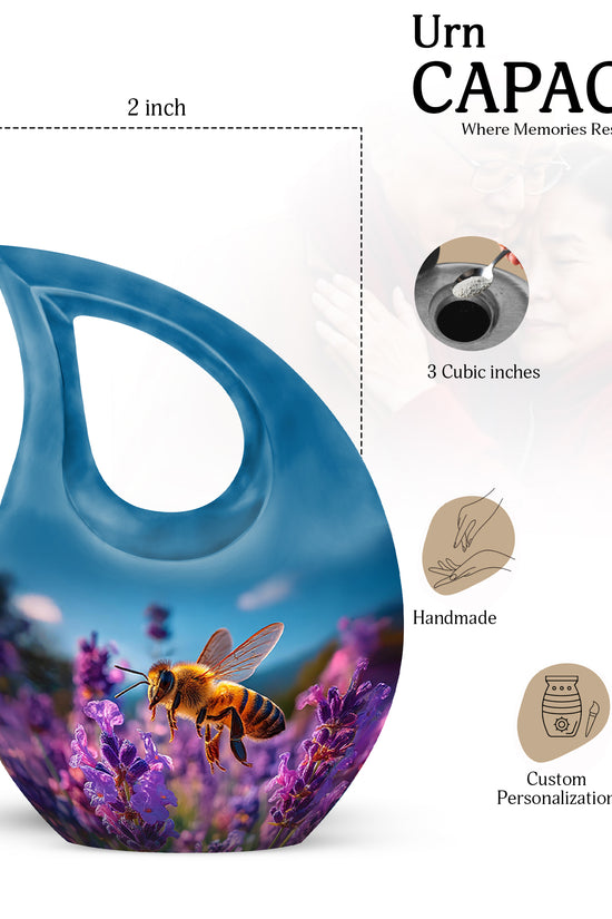 Serene Blue Bee Cremation Urn back view with polished surface - faith-inspired cross-drop urn with bee pattern - mini keepsake memorial for portion of cremation ashes