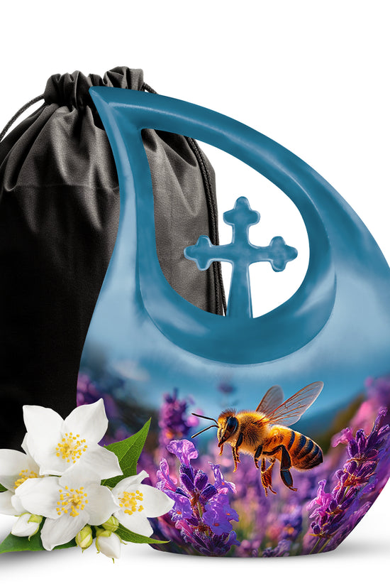 Twilight Blue Bee Cremation Urn top-down view of secure threaded lid - faith-inspired cross-drop urn with bee pattern - full-size 10 inch 200 cubic inch adult cremation urn