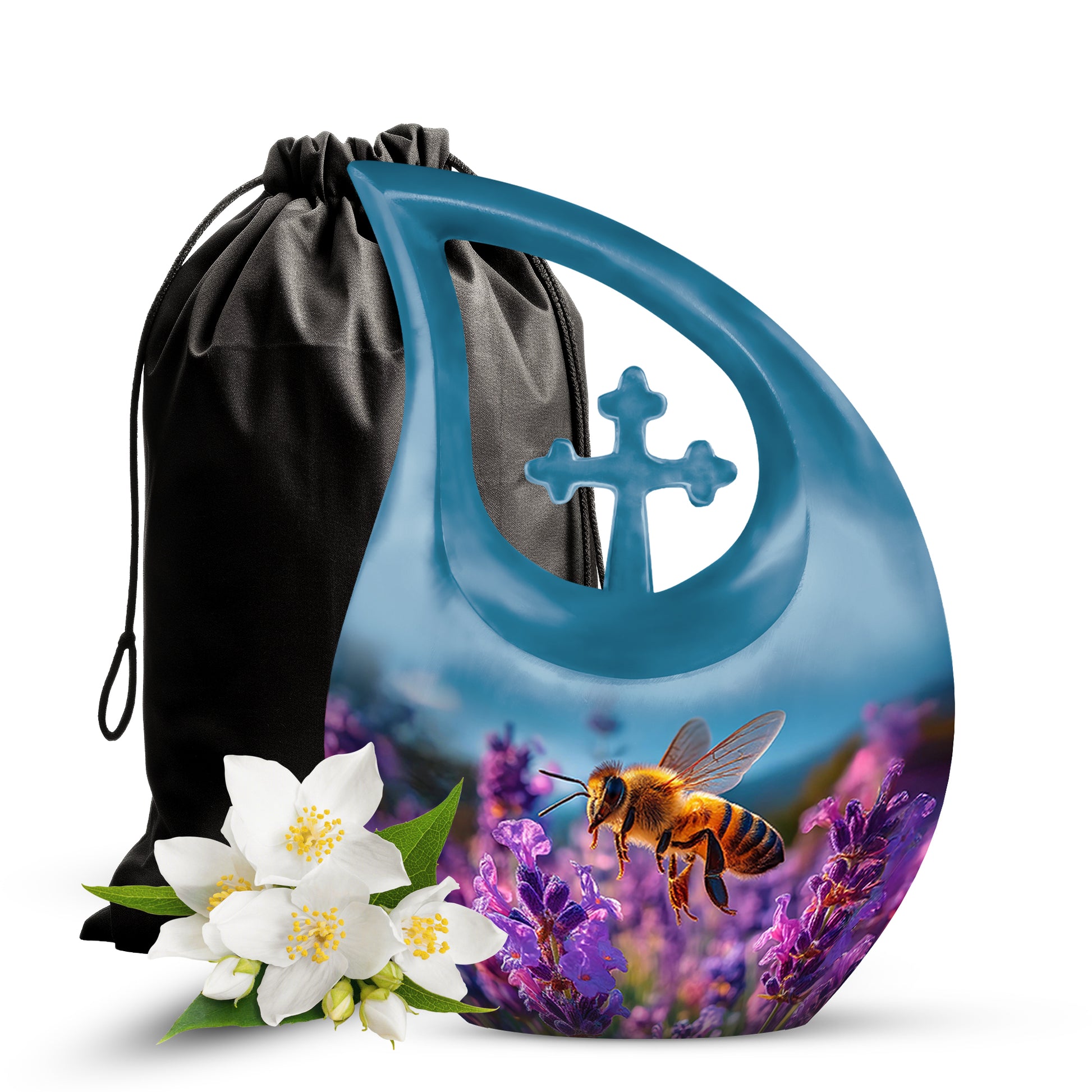 Twilight Blue Bee Cremation Urn top-down view of secure threaded lid - faith-inspired cross-drop urn with bee pattern - full-size 10 inch 200 cubic inch adult cremation urn