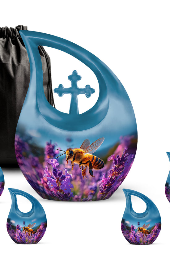 Cornflower Blue Bee Cremation Urn urn with complimentary velvet bag - faith-inspired cross-drop urn with bee pattern - memorial set with one large and four small urns