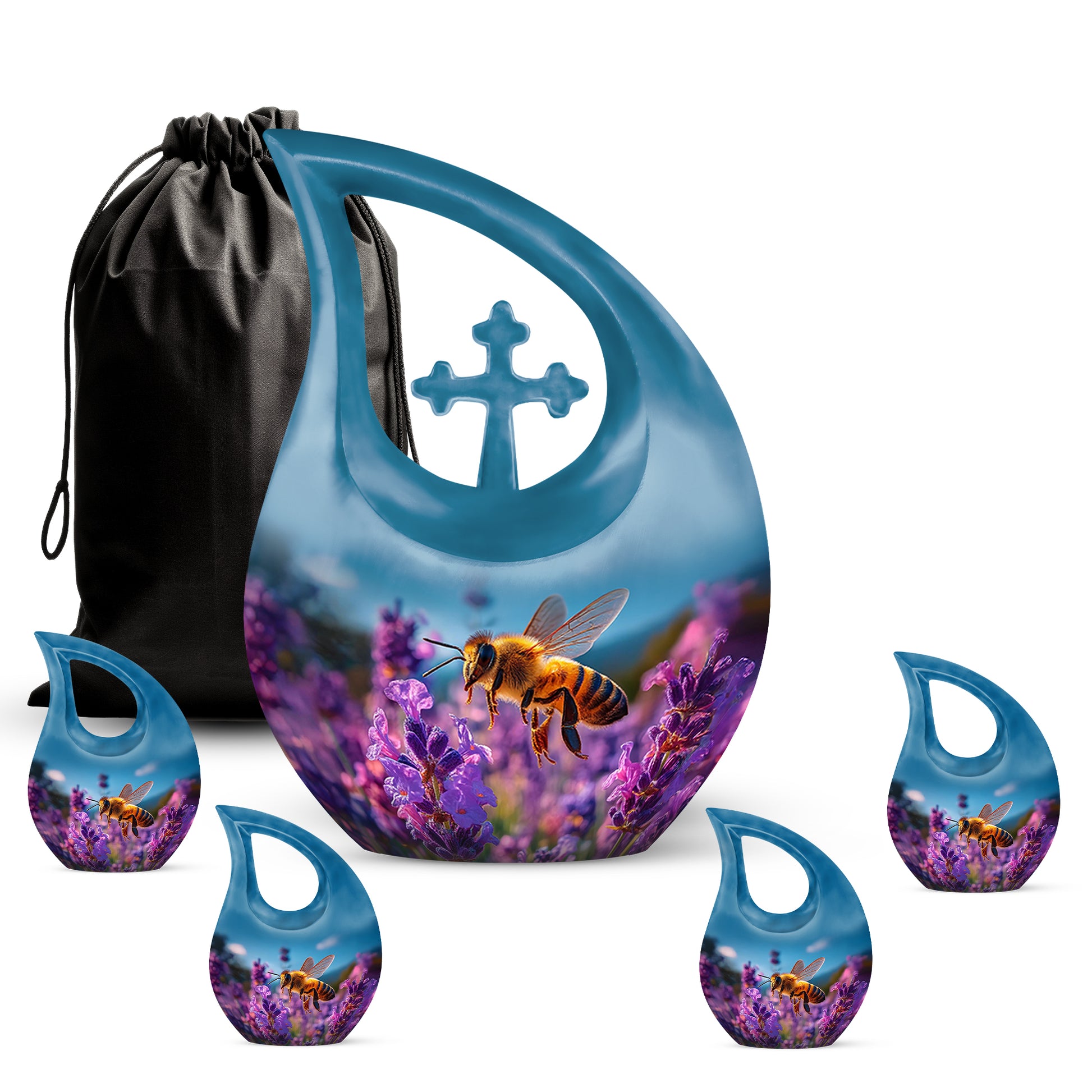 Cornflower Blue Bee Cremation Urn urn with complimentary velvet bag - faith-inspired cross-drop urn with bee pattern - memorial set with one large and four small urns