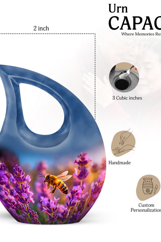 Royal Blue Bee Cremation Urn back view with polished surface - devotional cross-drop bee engraving - mini keepsake memorial for portion of cremation ashes
