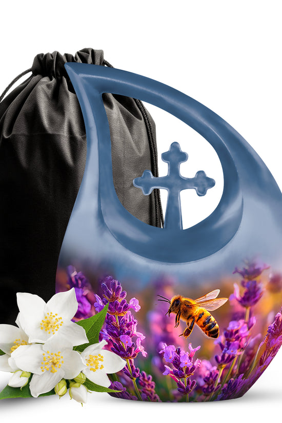 Cobalt Blue Bee Cremation Urn top-down view of secure threaded lid - faith-inspired cross-drop urn with bee pattern - full-size 10 inch 200 cubic inch adult cremation urn