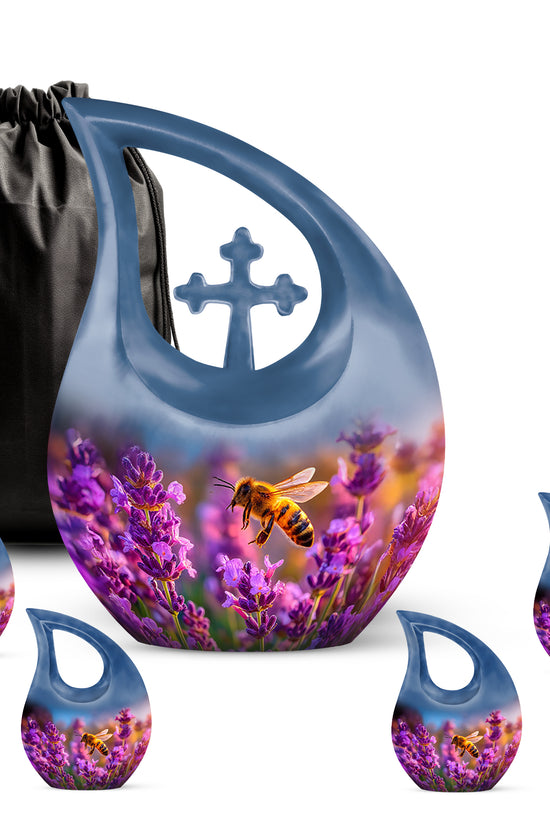 Navy Blue Bee Cremation Urn urn with complimentary velvet bag - sacred cross merged with bee motif on metal - memorial set with one large and four small urns