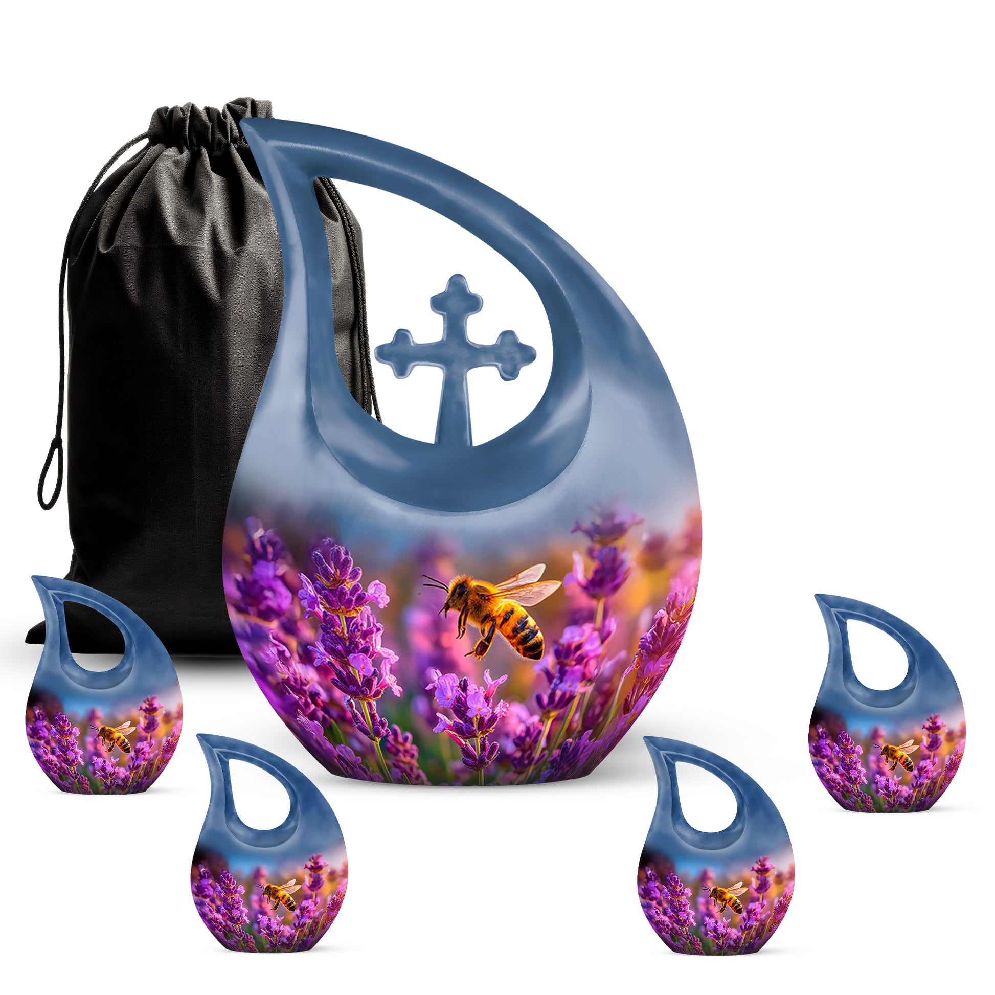 Navy Blue Bee Cremation Urn urn with complimentary velvet bag - sacred cross merged with bee motif on metal - memorial set with one large and four small urns