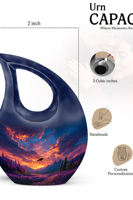 Cornflower Blue Bee Cremation Urn back view with polished surface - devotional cross-drop bee engraving - mini keepsake memorial for portion of cremation ashes