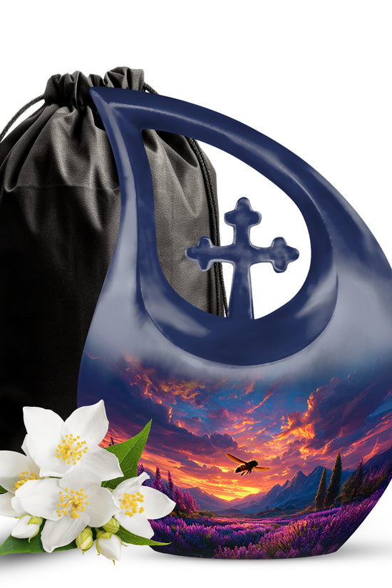 Pastel Blue Bee Cremation Urn top-down view of secure threaded lid - sacred cross merged with bee motif on metal - full-size 10 inch 200 cubic inch adult cremation urn