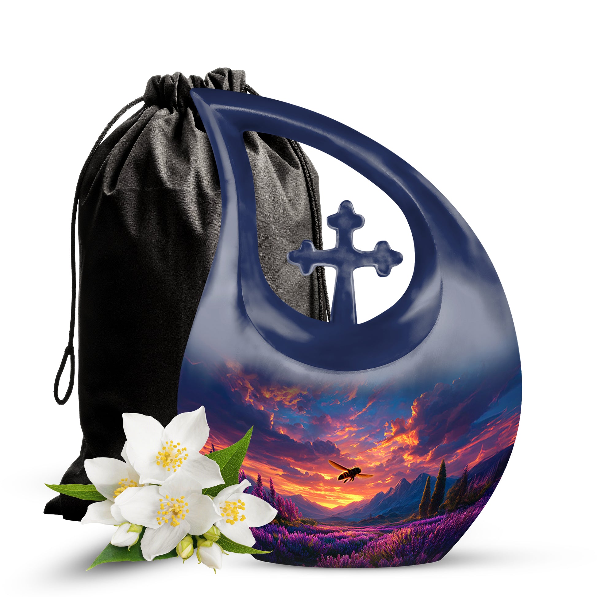 Pastel Blue Bee Cremation Urn top-down view of secure threaded lid - sacred cross merged with bee motif on metal - full-size 10 inch 200 cubic inch adult cremation urn