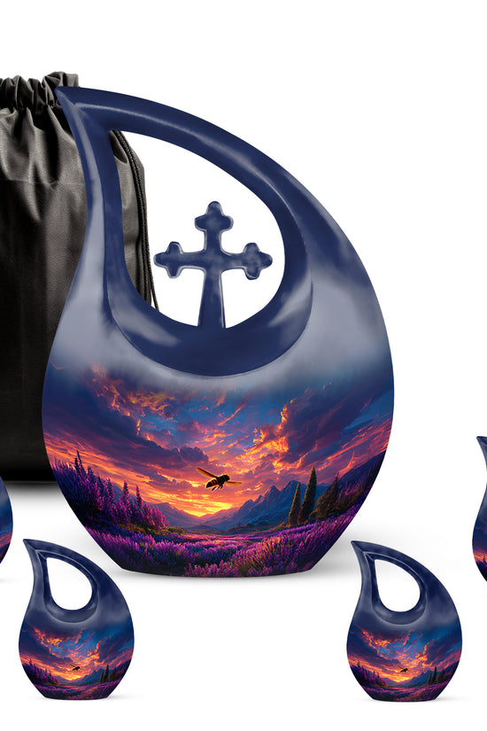 Serene Blue Bee Cremation Urn urn with complimentary velvet bag - faith-inspired cross-drop urn with bee pattern - memorial set with one large and four small urns