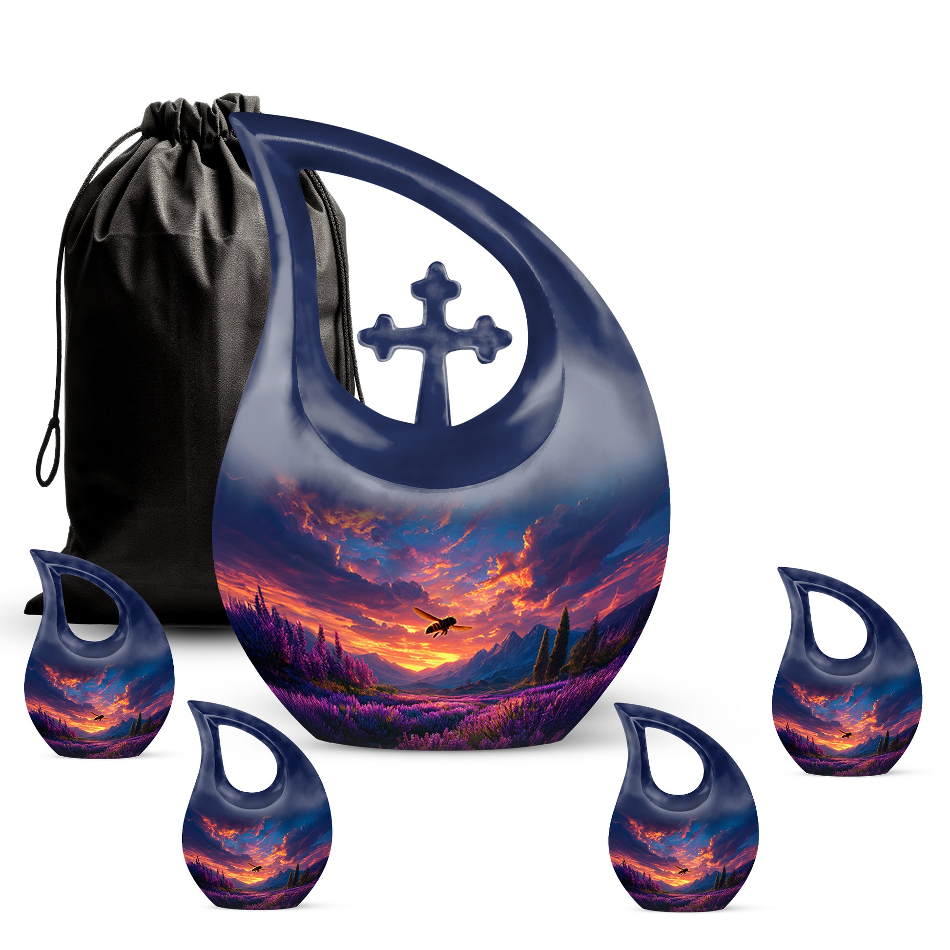 Serene Blue Bee Cremation Urn urn with complimentary velvet bag - faith-inspired cross-drop urn with bee pattern - memorial set with one large and four small urns