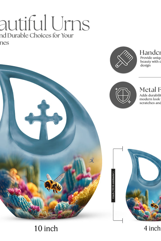 Bright Blue Bee Cremation Urn back view with polished surface - faith-inspired cross-drop urn with bee pattern - mini keepsake memorial for portion of cremation ashes