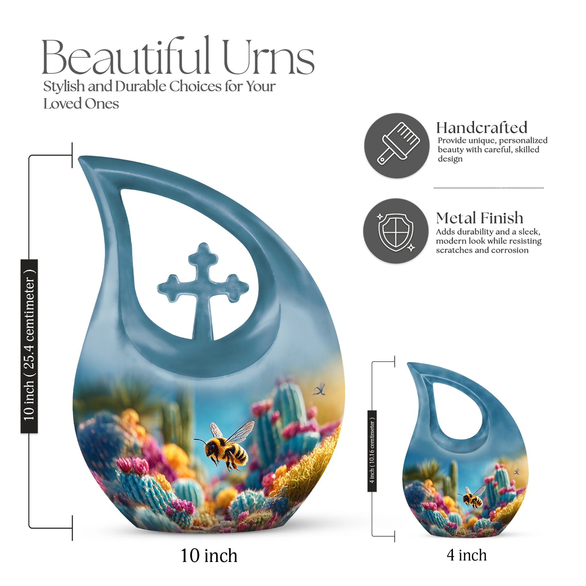 Bright Blue Bee Cremation Urn back view with polished surface - faith-inspired cross-drop urn with bee pattern - mini keepsake memorial for portion of cremation ashes