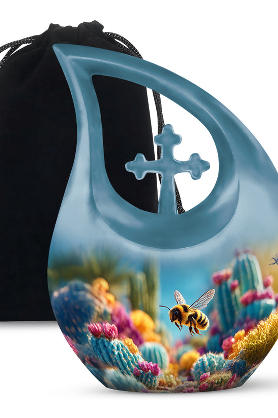 Cobalt Blue Bee Cremation Urn top-down view of secure threaded lid - devotional cross-drop bee engraving - full-size 10 inch 200 cubic inch adult cremation urn