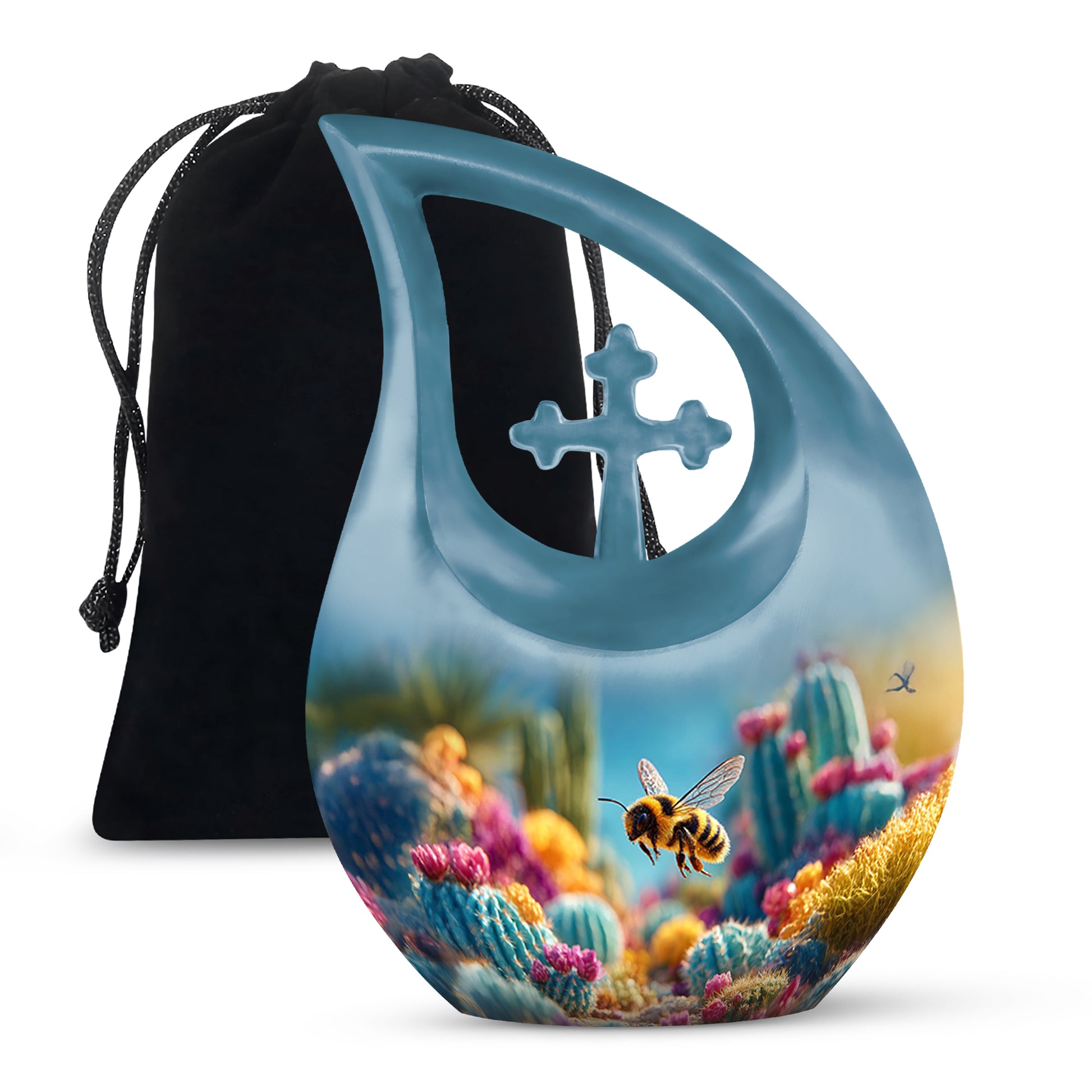 Cobalt Blue Bee Cremation Urn top-down view of secure threaded lid - devotional cross-drop bee engraving - full-size 10 inch 200 cubic inch adult cremation urn