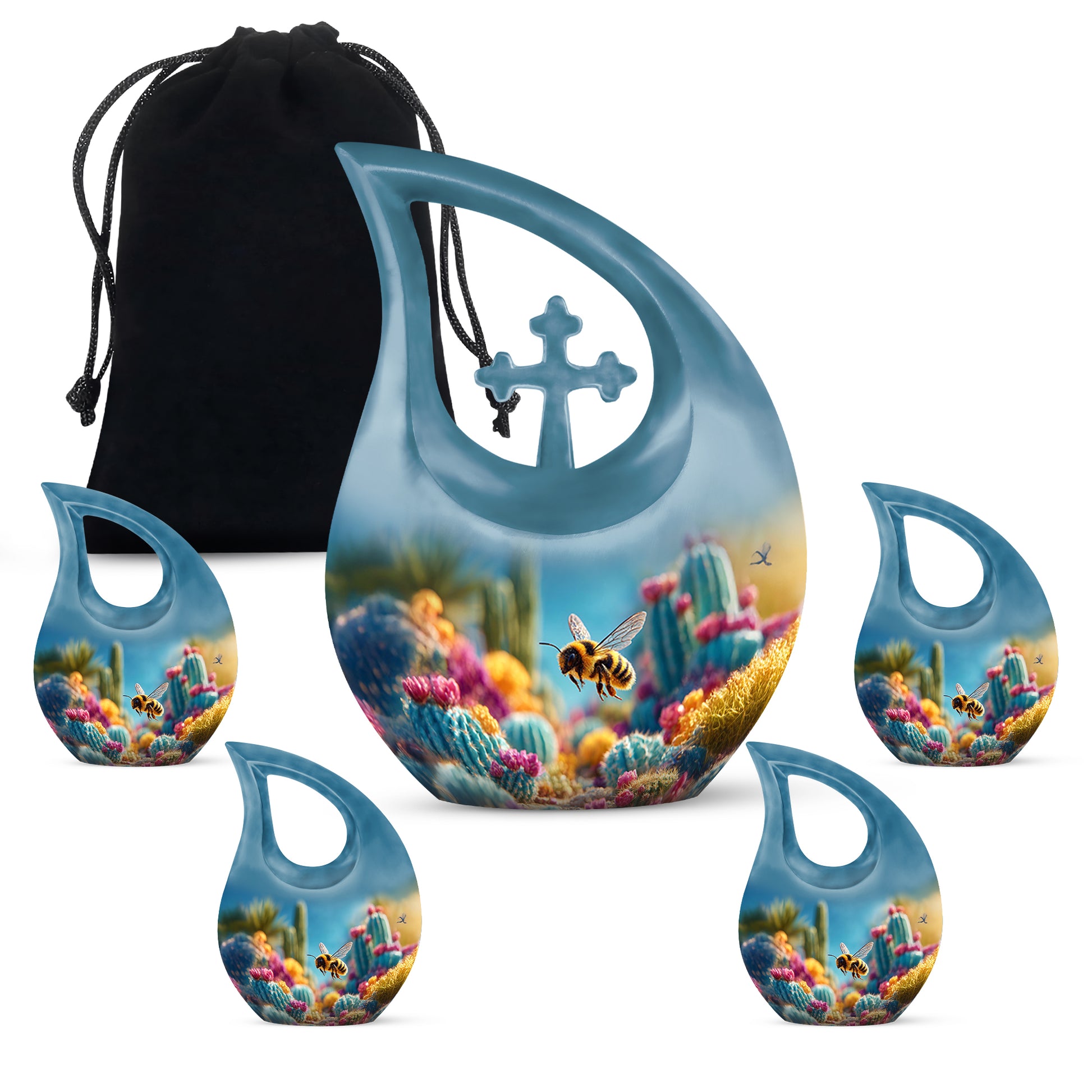 Pastel Blue Bee Cremation Urn urn with complimentary velvet bag - cross and bee combined in spiritual memorial design - memorial set with one large and four small urns