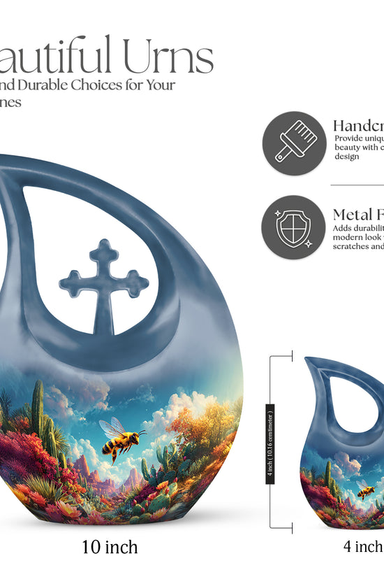 Indigo Bee Cremation Urn back view with polished surface - sacred cross merged with bee motif on metal - mini keepsake memorial for portion of cremation ashes