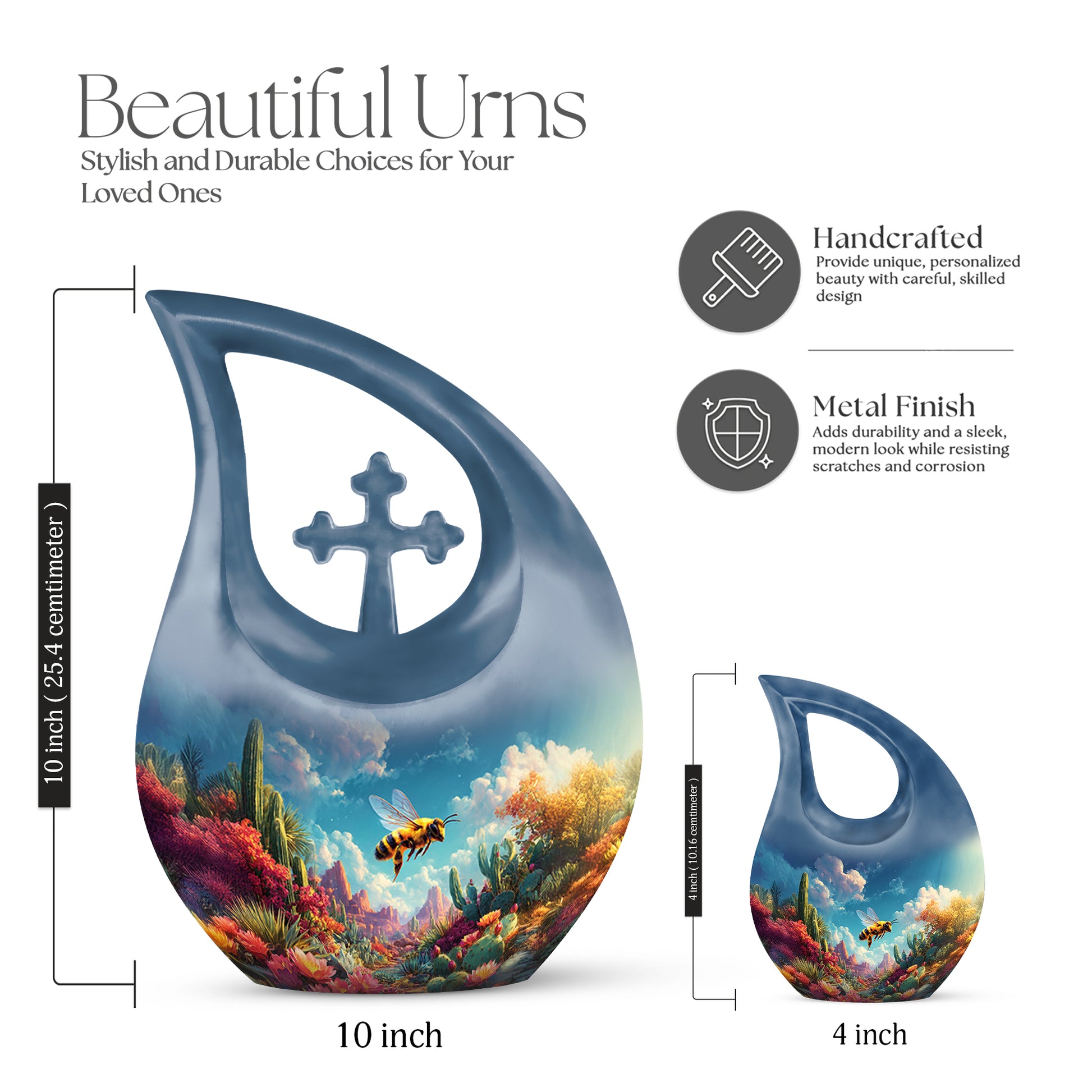 Indigo Bee Cremation Urn back view with polished surface - sacred cross merged with bee motif on metal - mini keepsake memorial for portion of cremation ashes
